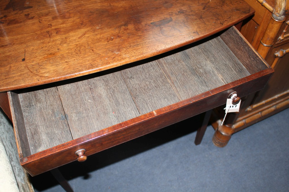 A late George III mahogany bowfront side table, with single drawer on squared legs, W.76cm D.45cm H.76cm